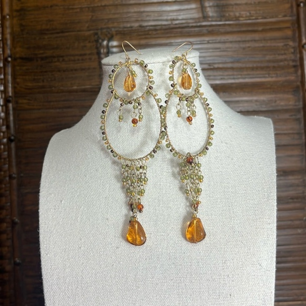 Bohemian Amber and Green Beads on Gold Wire Chandelier Fringe Dangle Earrings